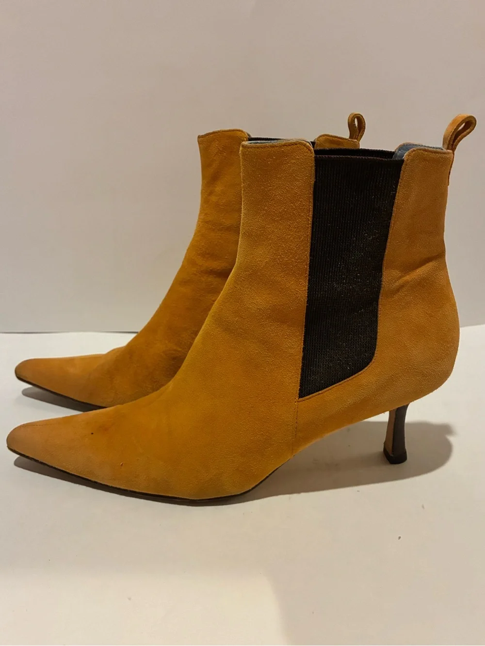 Lambertson Truex  suede pointed toe heeled ankle boots.  Stretch panels. Sz 39